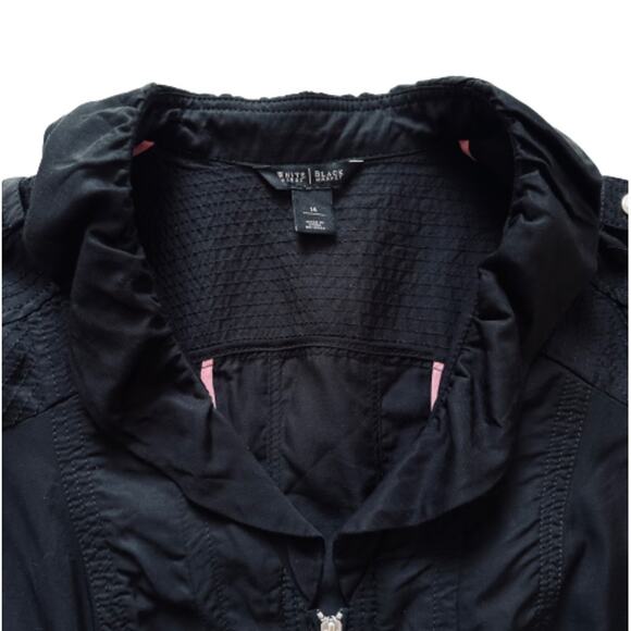 WHBM Jacket Black Zipper Front Ruffled Neck 3/4 Sleeve Utility Jacket Size 14 - Picture 8 of 12